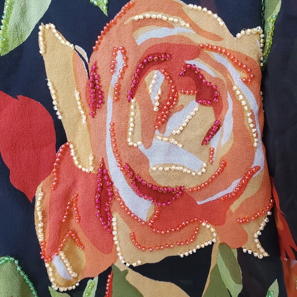 Women's Floral Silk Blouse Long Sleeve Button Back Black Orange Beaded Formal 6 - Picture 3 of 8